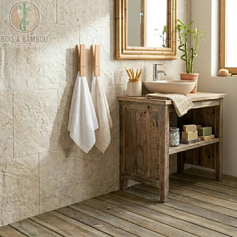 Pince à Linge Géante en Bois fixée au mur comme patère originale. Deux pinces en bois massif tenant des serviettes blanches dans une salle de bain au style rustique et naturel.