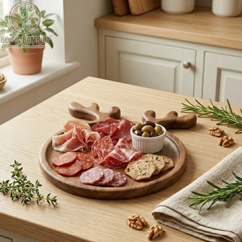 Planche à Charcuterie en Bois Ronde avec poignée bois de cerf, garnie de charcuteries, olives, noix et crackers sur plan de travail bois clair, ambiance apéritif naturelle