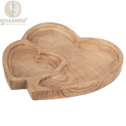Plateau Double Cœur en Bois de Manguier 23x20 cm, vue de face fond blanc, deux compartiments cœur sculptés à la main, veinage naturel brun chaud