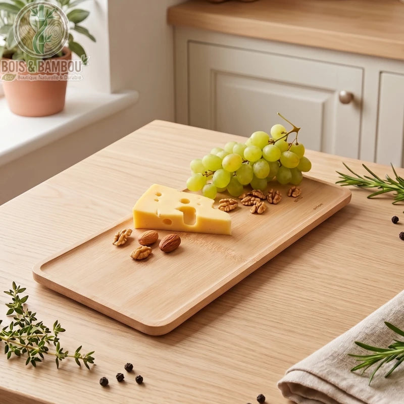 Plateau Rectangulaire en Bambou 35x15 cm avec raisins et fromages, présentation apéritif naturelle