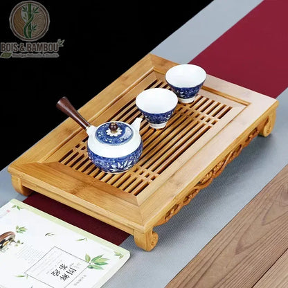 Plateau kung fu cha bambou clair en situation avec theiere et tasses, Bois et Bambou Eco