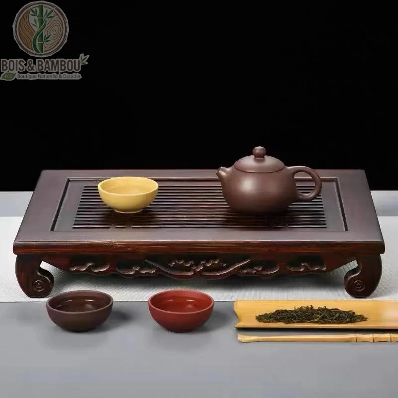 Plateau kung fu cha bambou marron en situation ambiance traditionnelle chinoise, Bois et Bambou Eco