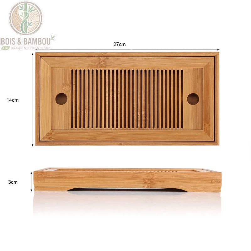 Plateau gongfu bambou vue profil avec cotes, dimensions 27x14x3 cm affichees, Bois et Bambou Eco