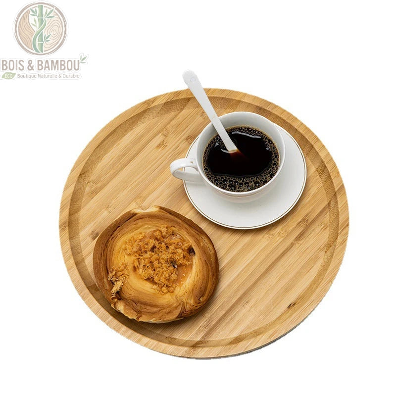 Plateau the bambou format rond pour cafe, tasse expresso et biscuit servis, Bois et Bambou Eco