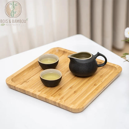 Plateau the bambou avec service a the asiatique, theiere noire et tasses sur plateau carre, Bois et Bambou Eco