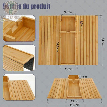 Plateau d accoudoir de canape en bambou dimensions. Infographie détaillant les mesures : 41,5 cm de long, 34 cm de large, avec un insert central de 32,6 cm et un porte-gobelet de 9,5 cm de côté.