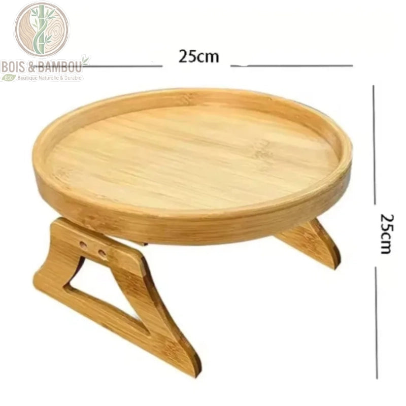 Plateau d accoudoir de canape en bambou rond dimensions. Schéma technique présentant un plateau circulaire en bambou avec un diamètre de 25 cm et une hauteur de structure totale de 25 cm.