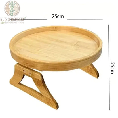 Plateau d accoudoir de canape en bambou rond dimensions. Schéma technique présentant un plateau circulaire en bambou avec un diamètre de 25 cm et une hauteur de structure totale de 25 cm.