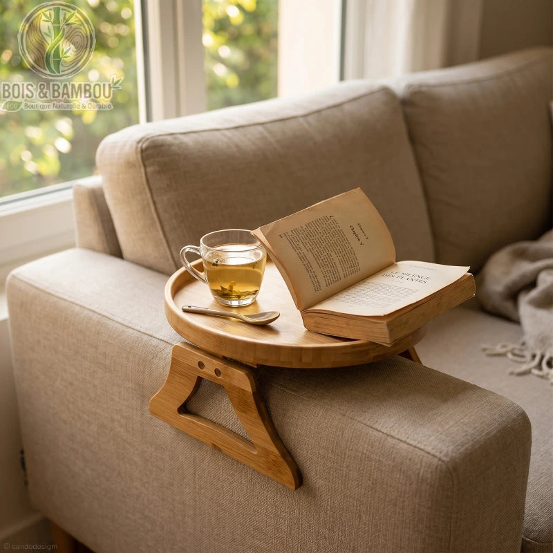 Plateau d accoudoir de canape en bambou rond situation 2. Un plateau circulaire en bambou clipsé sur l'accoudoir d'un canapé gris, supportant une tasse de thé et un livre ouvert pour un moment cocooning.