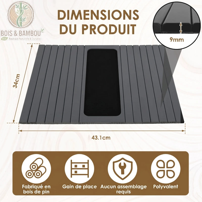 Plateau d accoudoir de canape en pin gris dimensions. Infographie détaillant les mesures : 43,1 cm de longueur, 34 cm de largeur et 9 mm d'épaisseur pour ce plateau flexible en bois de pin gris.