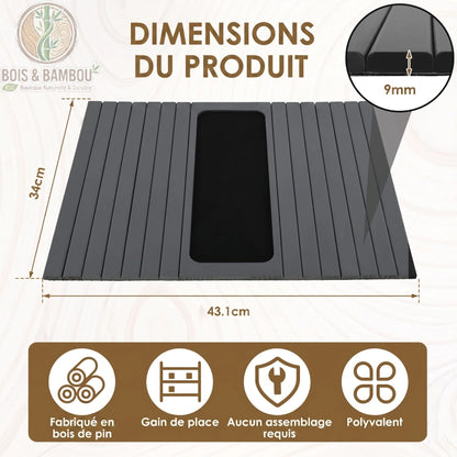 Plateau d accoudoir de canape en pin gris dimensions. Infographie détaillant les mesures : 43,1 cm de longueur, 34 cm de largeur et 9 mm d'épaisseur pour ce plateau flexible en bois de pin gris.