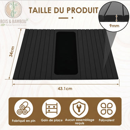 Plateau d accoudoir de canape en pin noir dimensions. Infographie détaillant les mesures : 43,1 cm de longueur, 34 cm de largeur et 9 mm d'épaisseur pour ce plateau flexible en bois de pin noir.