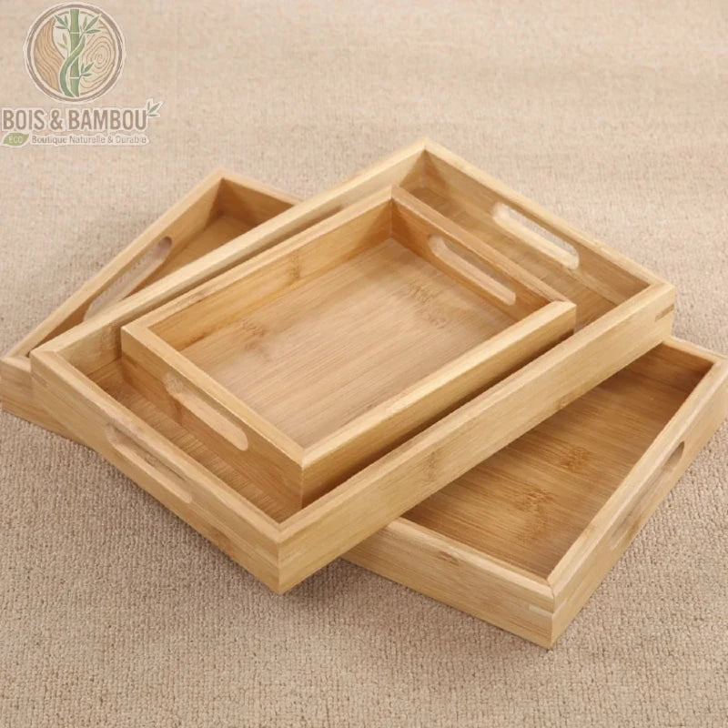Plateau bambou poignees set de 3 tailles empiles, vue d'ensemble, Bois et Bambou Eco