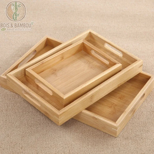 Plateau bambou poignees set de 3 tailles empiles, vue d'ensemble, Bois et Bambou Eco