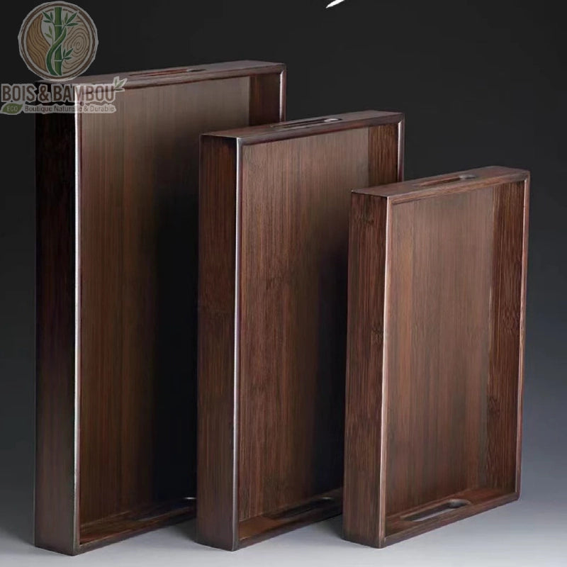 Plateau bambou retro poignees, vue comparative des 3 tailles Petit Moyen Grand, bambou massif teinte foncee. Bois et Bambou Eco.