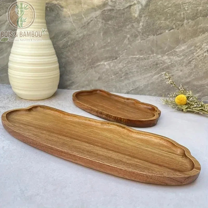Plateau service bois japonais en decoration, grand plateau allonge avec vase et fleurs sechee, Bois et Bambou Eco
