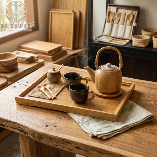 Plateau service rectangulaire bambou, mise en scene service a the avec theiere, Bois et Bambou Eco