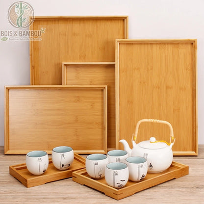Plateau service rectangulaire bambou, lot 5 tailles empilees 28 a 44 cm, Bois et Bambou Eco