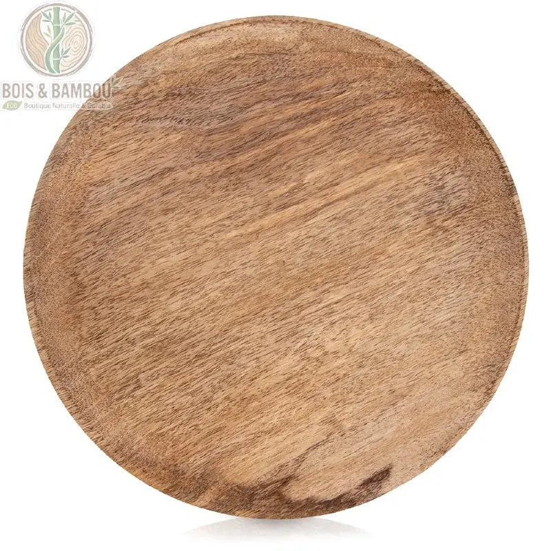 Plateau de Service Rond en Bois de Manguier 25 cm, vue de face sur fond blanc, bois massif naturel non traité, veinage brun chaud