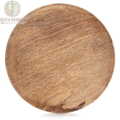Plateau de Service Rond en Bois de Manguier 25 cm, vue de face sur fond blanc, bois massif naturel non traité, veinage brun chaud