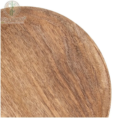 Plateau de Service Rond en Bois de Manguier 25 cm, gros plan détail texture et grain naturel du bois de manguier massif, nuances brun doré
