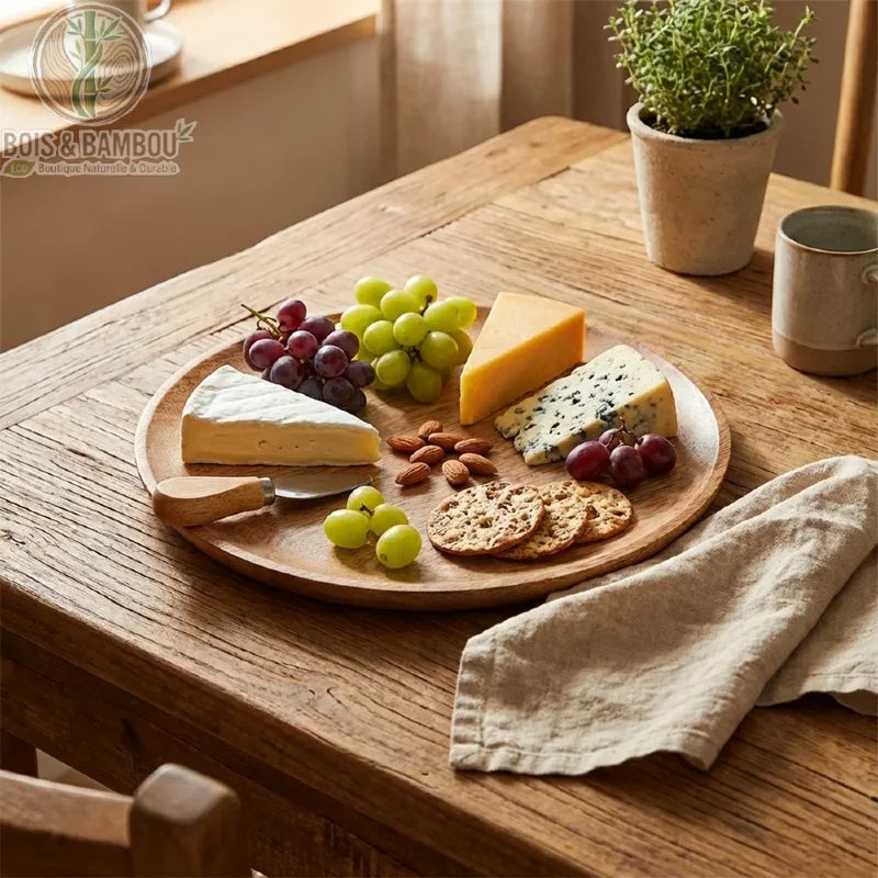 Plateau en Bois de Manguier. Plateau rond artisanal garni de fromages, raisins, amandes et craquelins sur une table en bois rustique avec une serviette en lin et des tasses en grès.