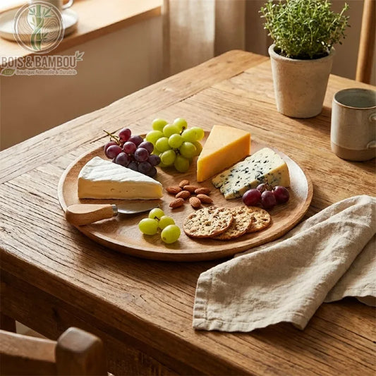 Plateau en Bois de Manguier. Plateau rond artisanal garni de fromages, raisins, amandes et craquelins sur une table en bois rustique avec une serviette en lin et des tasses en grès.