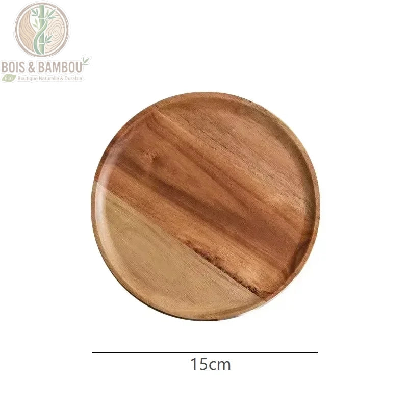 Plateau rond acacia massif diametre 15 cm fond blanc, Bois et Bambou Eco