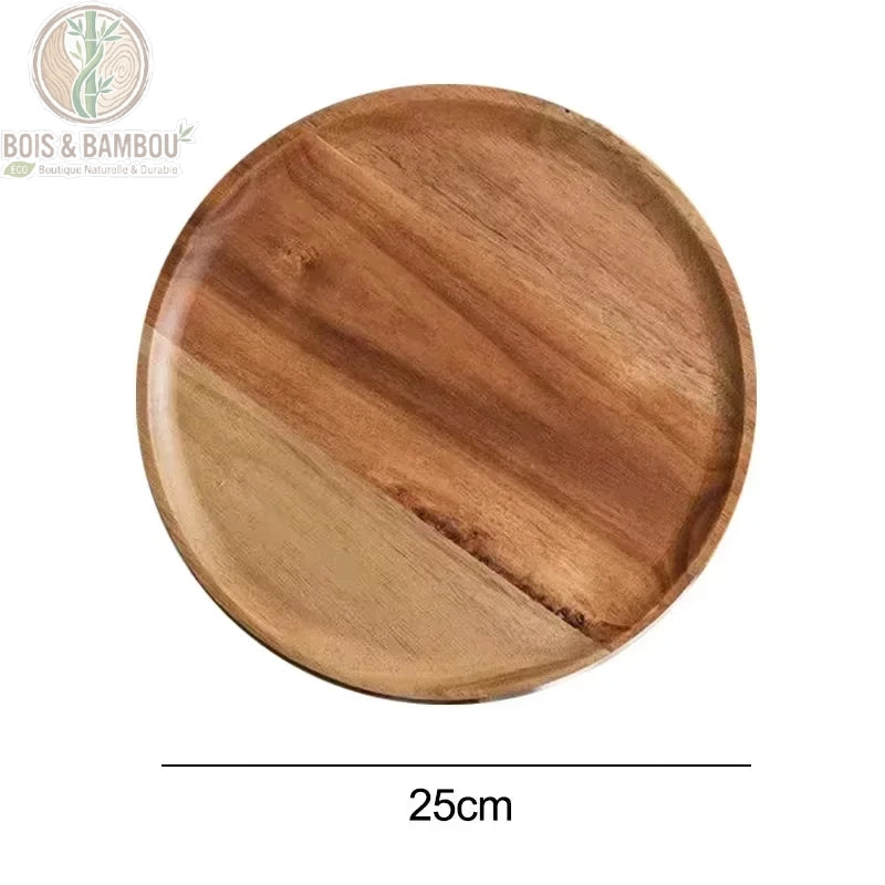 Plateau rond acacia massif diametre 25 cm fond blanc, Bois et Bambou Eco