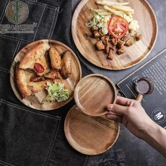 Plateau rond acacia massif tenu en main avec service apéritif, Bois et Bambou Eco