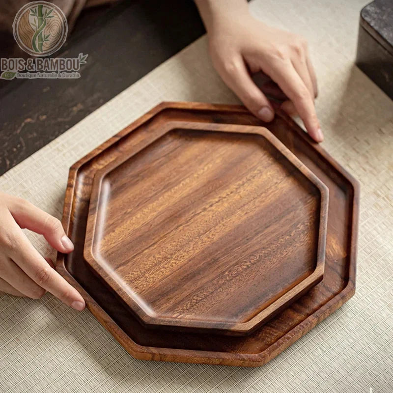Plateau acacia octogonal duo de plateaux portes en main, presentation produit, Bois et Bambou Eco