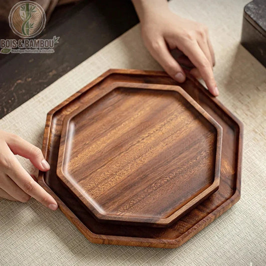 Plateau acacia octogonal duo de plateaux portes en main, presentation produit, Bois et Bambou Eco