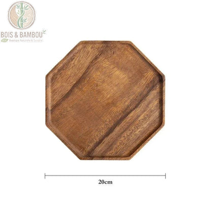 Plateau acacia octogonal 20 cm vue dessus, finition huilee brun caramel, Bois et Bambou Eco