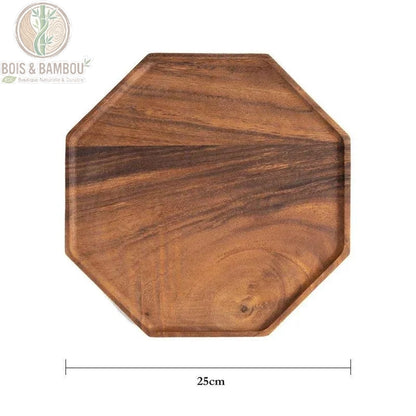 Plateau acacia octogonal 25 cm grand format, vue dessus surface huilee, Bois et Bambou Eco