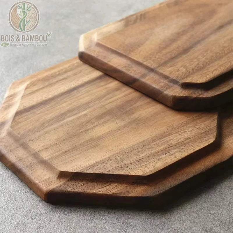 Plateau acacia octogonal detail grain du bois, veines naturelles uniques, Bois et Bambou Eco