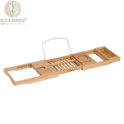 Pont de baignoire en bambou reglable descriptif 1. Vue détaillée d'un plateau de baignoire extensible en bambou avec support métallique pour livre, fente pour verre et compartiments de rangement.