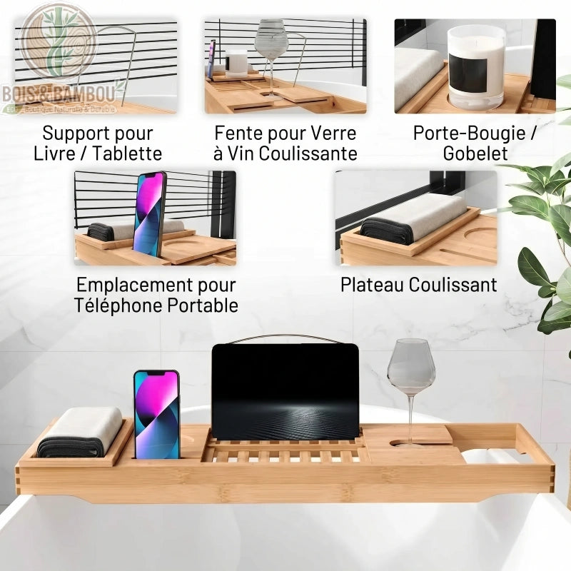 Pont de baignoire en bambou reglable descriptif. Infographie montrant les supports pour tablette, téléphone et verre à vin, ainsi qu'un porte-bougie et un plateau coulissant sur le pont en bambou.