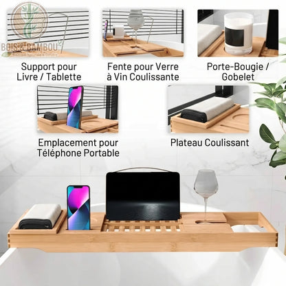 Pont de baignoire en bambou reglable descriptif. Infographie montrant les supports pour tablette, téléphone et verre à vin, ainsi qu'un porte-bougie et un plateau coulissant sur le pont en bambou.