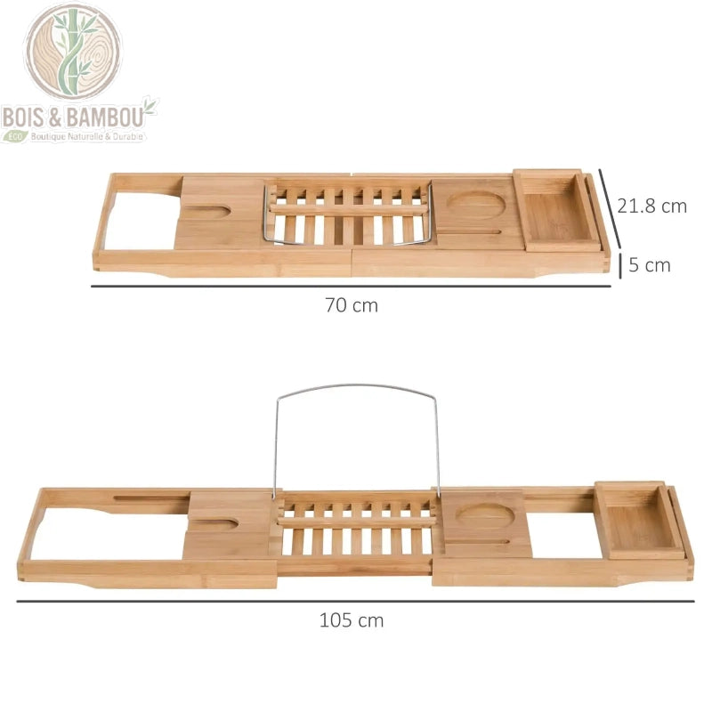 Pont de baignoire en bambou reglable dimensions. Infographie montrant un plateau de 21,8 cm de large, extensible de 70 cm à 105 cm de long pour s'adapter à toutes les baignoires.