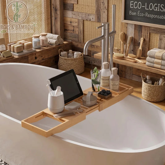 Pont de baignoire en bambou reglable situation. Plateau en bambou extensible posé sur une baignoire blanche, équipé d'une tablette, de soins et d'un verre, dans une ambiance de spa naturelle.