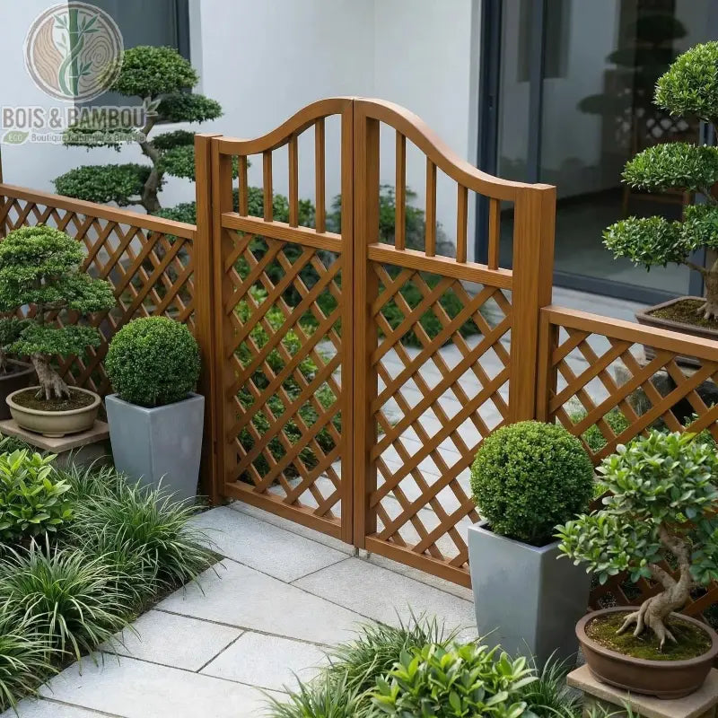Portail en Bambou Carbonisé. Un élégant portillon double en bois brun avec treillis en losanges et sommet arrondi, intégré dans une clôture assortie au sein d'un jardin zen soigné.