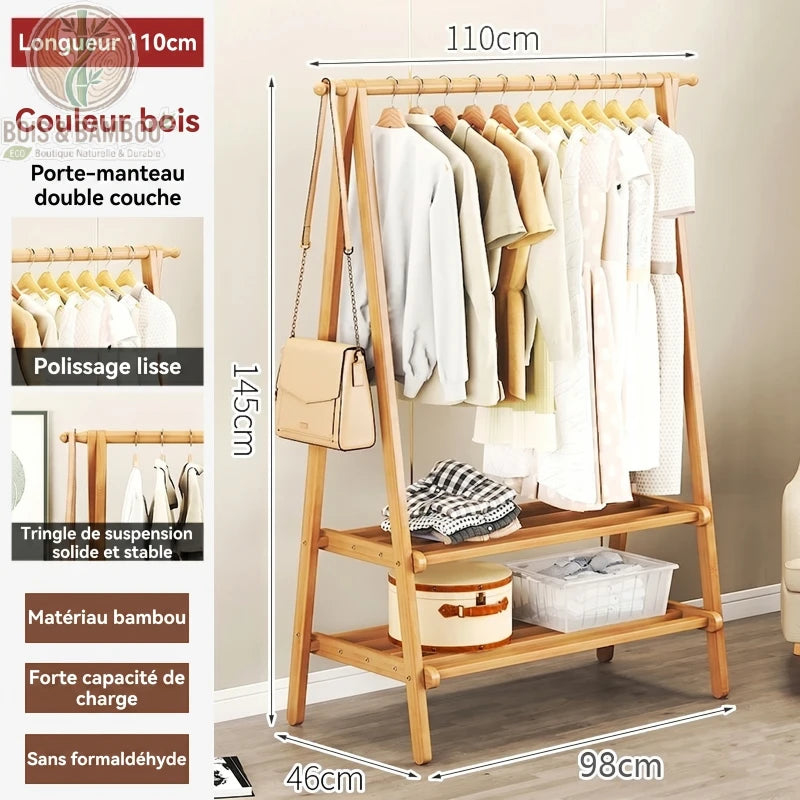 Portant à Vêtements en Bambou bois 110cm. Infographie d'un portant double couche de 145x110cm avec vêtements. Structure en bambou lisse, stable et robuste, sans formaldéhyde.