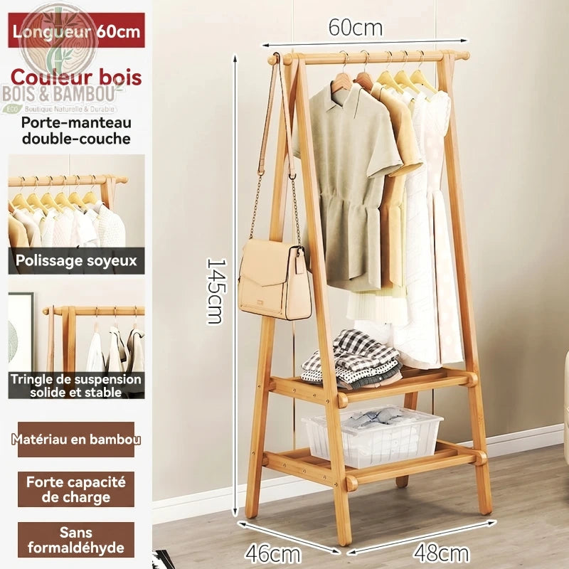 Portant à Vêtements en Bambou bois 60cm. Infographie d'un portant double couche de 145x60cm avec vêtements et sac. Structure stable en bambou poli, sans formaldéhyde, offrant une forte capacité de charge.