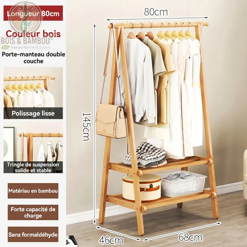 Portant à Vêtements en Bambou bois 80cm. Infographie d'un portant double couche de 145x80cm avec vêtements. Structure en bambou poli, stable et écologique, offrant une forte capacité de charge.