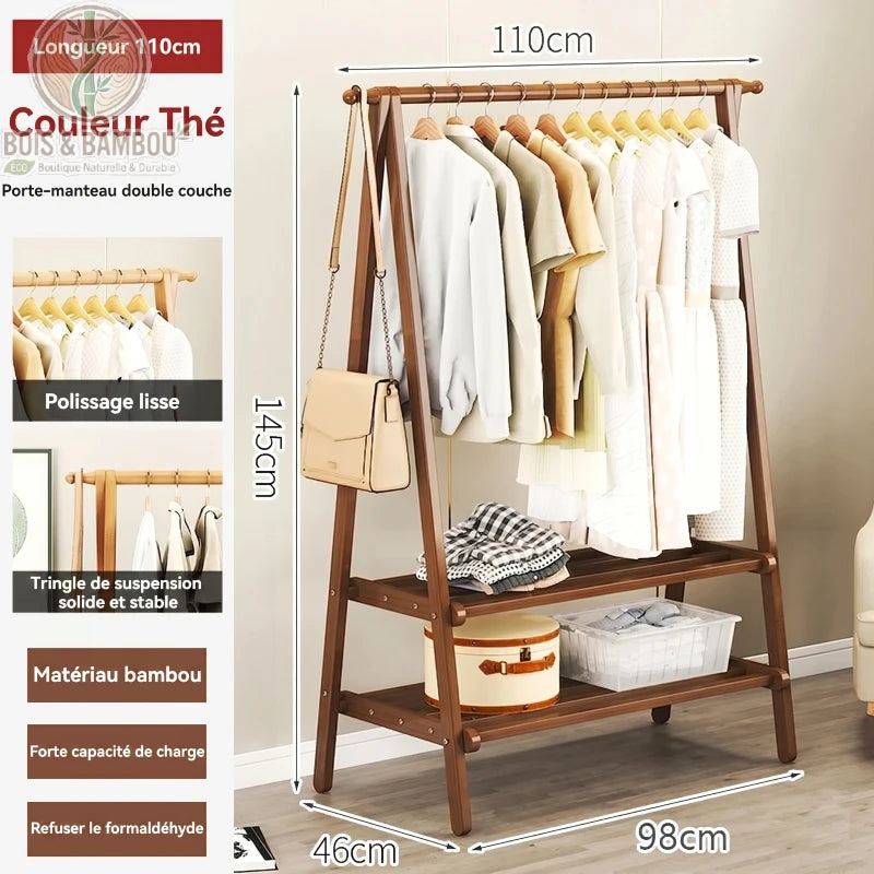 Portant a Vetements en Bambou the 110cm. Infographie d'un portant couleur thé de 145x110cm avec vêtements. Structure en bambou lisse, stable et écologique, sans formaldéhyde avec forte capacité de charge.