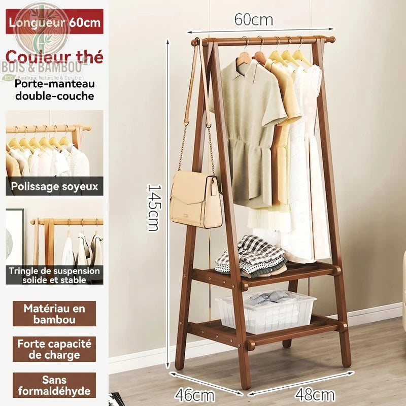 Portant a Vetements en Bambou the 60cm. Infographie d'un portant couleur thé de 145x60cm avec vêtements. Structure en bambou poli, stable et écologique, sans formaldéhyde avec forte capacité de charge.