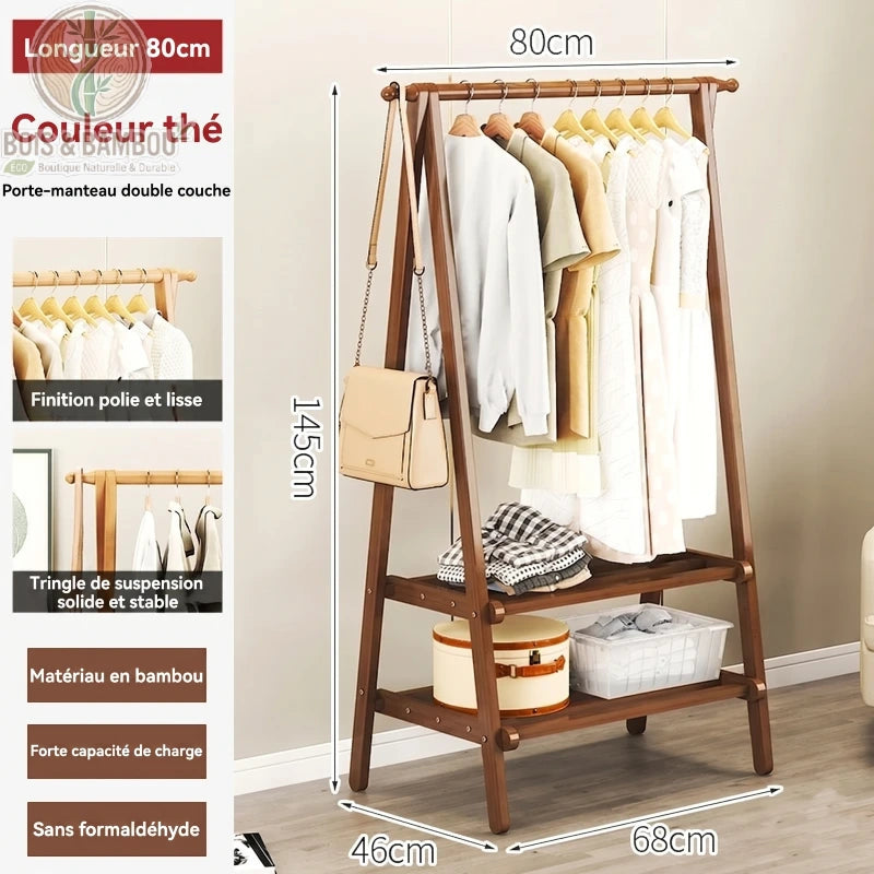 Portant a Vetements en Bambou the 80cm. Infographie d'un portant couleur thé de 145x80cm avec vêtements. Structure en bambou à finition polie, stable et écologique, avec forte capacité de charge.