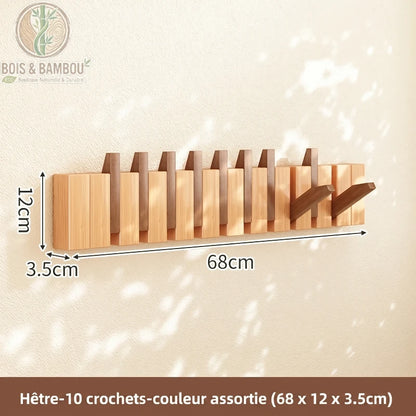 Porte Manteau Piano hetre claire 10 crochets 2 couleurs. Un porte-manteau mural de 68 cm en bois de hêtre bicolore avec 10 crochets rabattables alternant les teintes claires et foncées.