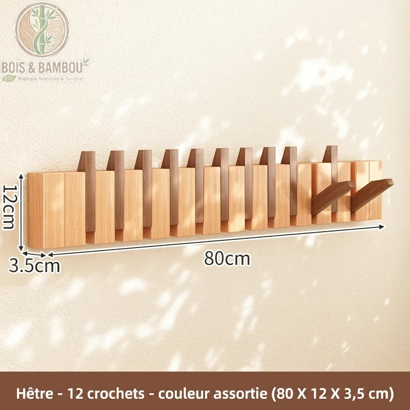 Porte Manteau Piano hetre claire 12 crochets 2 couleurs. Un porte-manteau mural de 80 cm en bois de hêtre bicolore avec 12 crochets rabattables alternant les teintes claires et foncées.