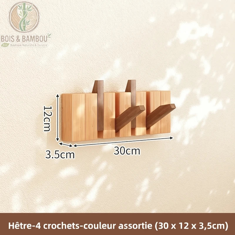 Porte Manteau Piano hetre claire 4 crochets 2 couleurs. Un porte-manteau mural de 30 cm en bois de hêtre bicolore avec 4 crochets rabattables alternant les teintes claires et foncées.
